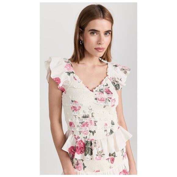 LoveShackFancy Compass Top Paradise Pink White Floral Smocked Ruffle Lace Sz M - Picture 1 of 6